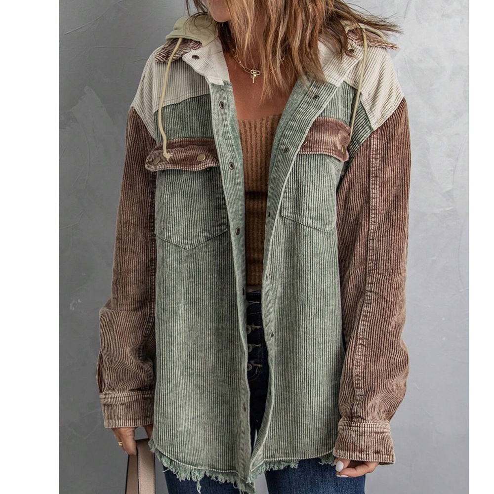 016 Cozy Color Block Oversized Corduroy Hoodie Jacket Shacket - Picture 2 of 13
